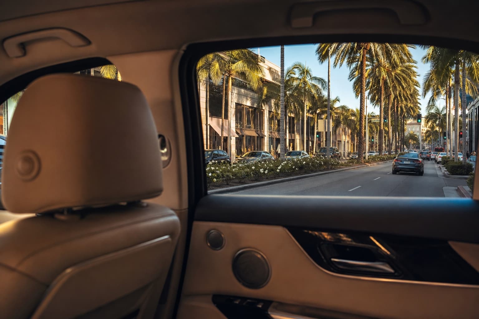 The view from a rear cabin toward palm-lined streets in Beverly Hills on a sunlit afternoon.