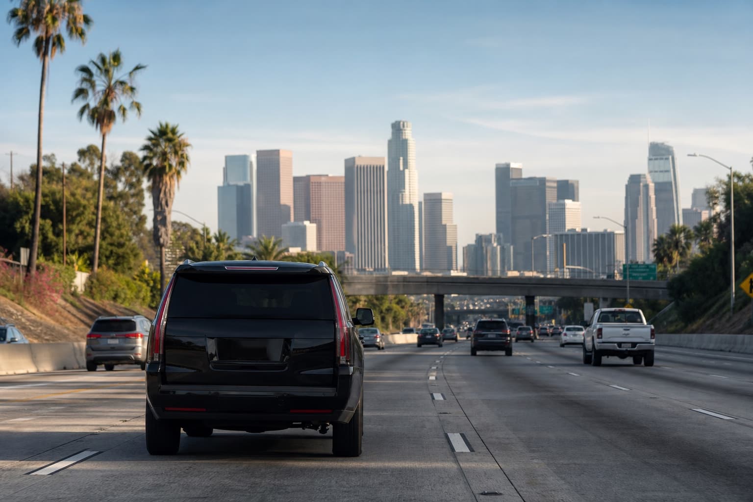 Luxury SUV on a Los Angeles freeway with the downtown skyline ahead