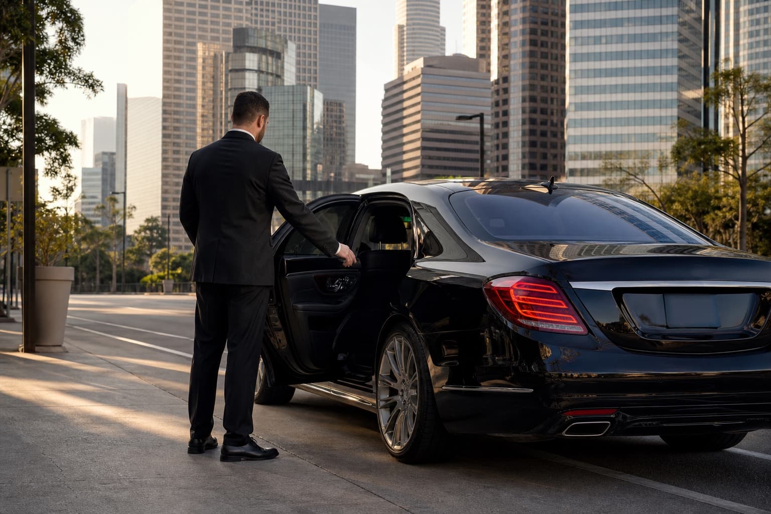 A chauffeur opens the rear door of a luxury sedan against the downtown Los Angeles skyline.