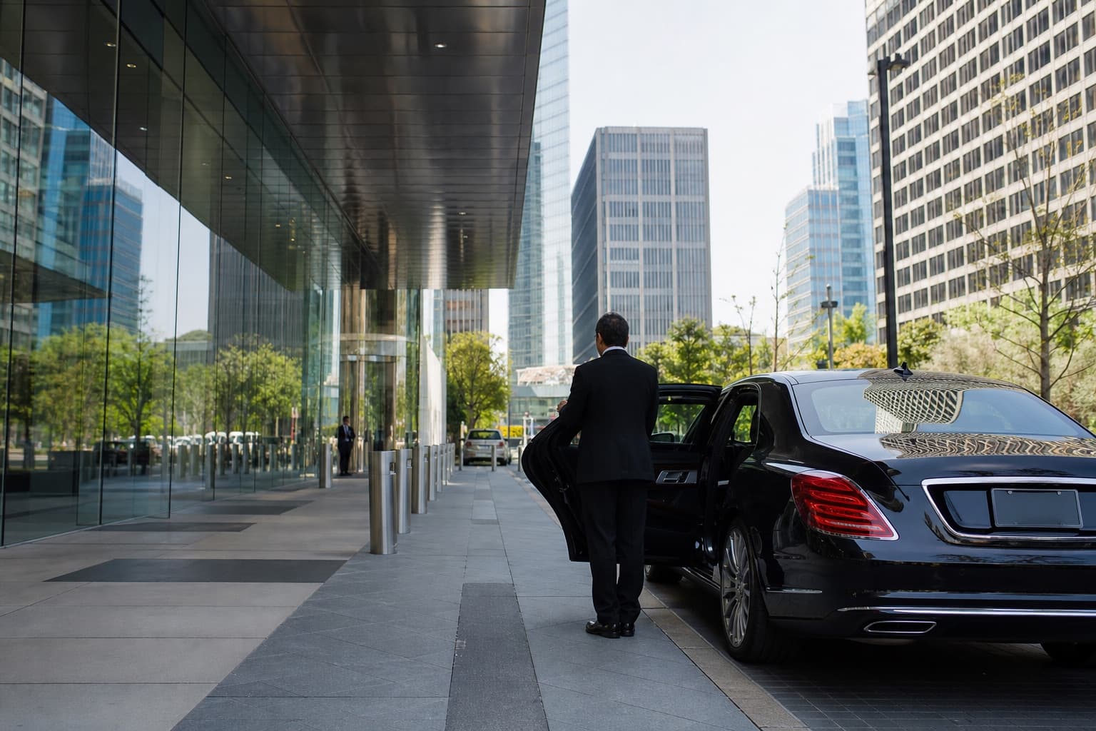 Corporate curbside pickup outside a modern glass office tower