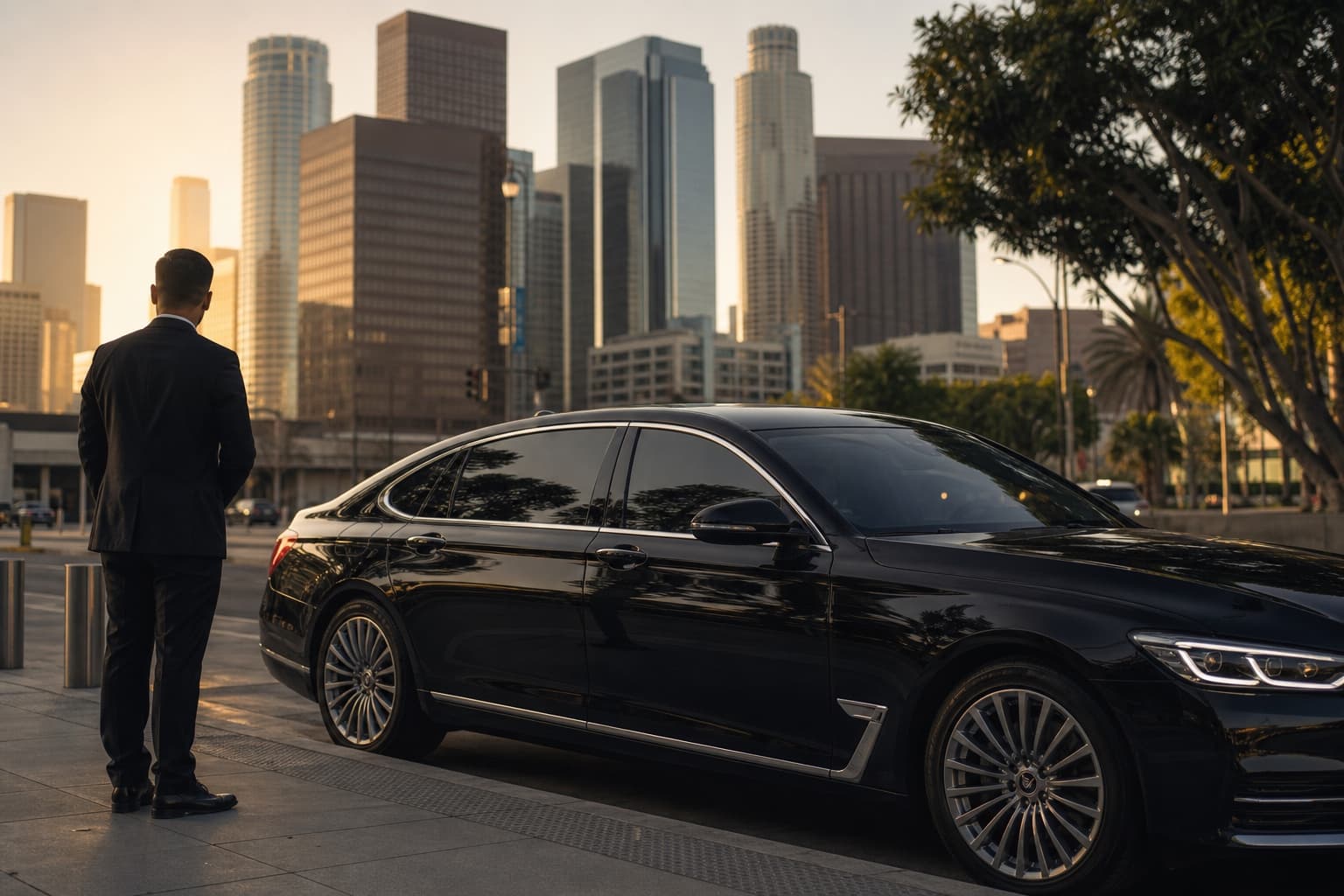 A luxury sedan waits curbside in downtown Los Angeles as the city skyline glows at golden hour.