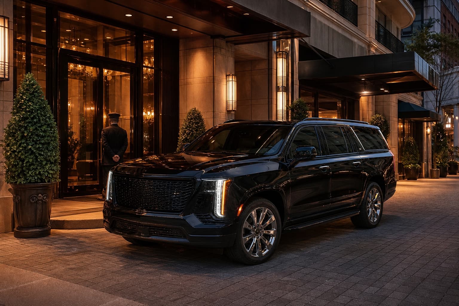 Luxury SUV on standby outside an upscale Los Angeles hotel