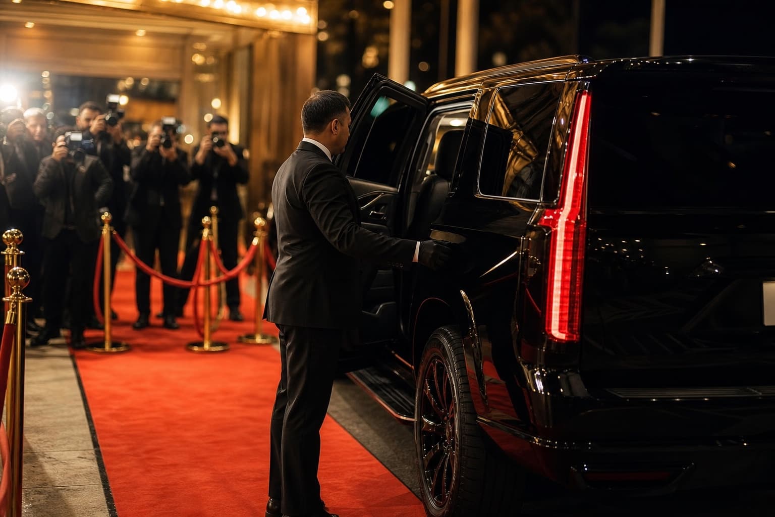 A black SUV arrives at a red-carpet entrance as evening event lighting fills the venue approach.