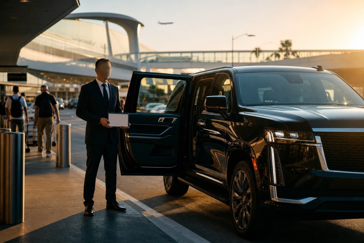 A chauffeur stages curbside at LAX as passengers arrive from an international flight.
