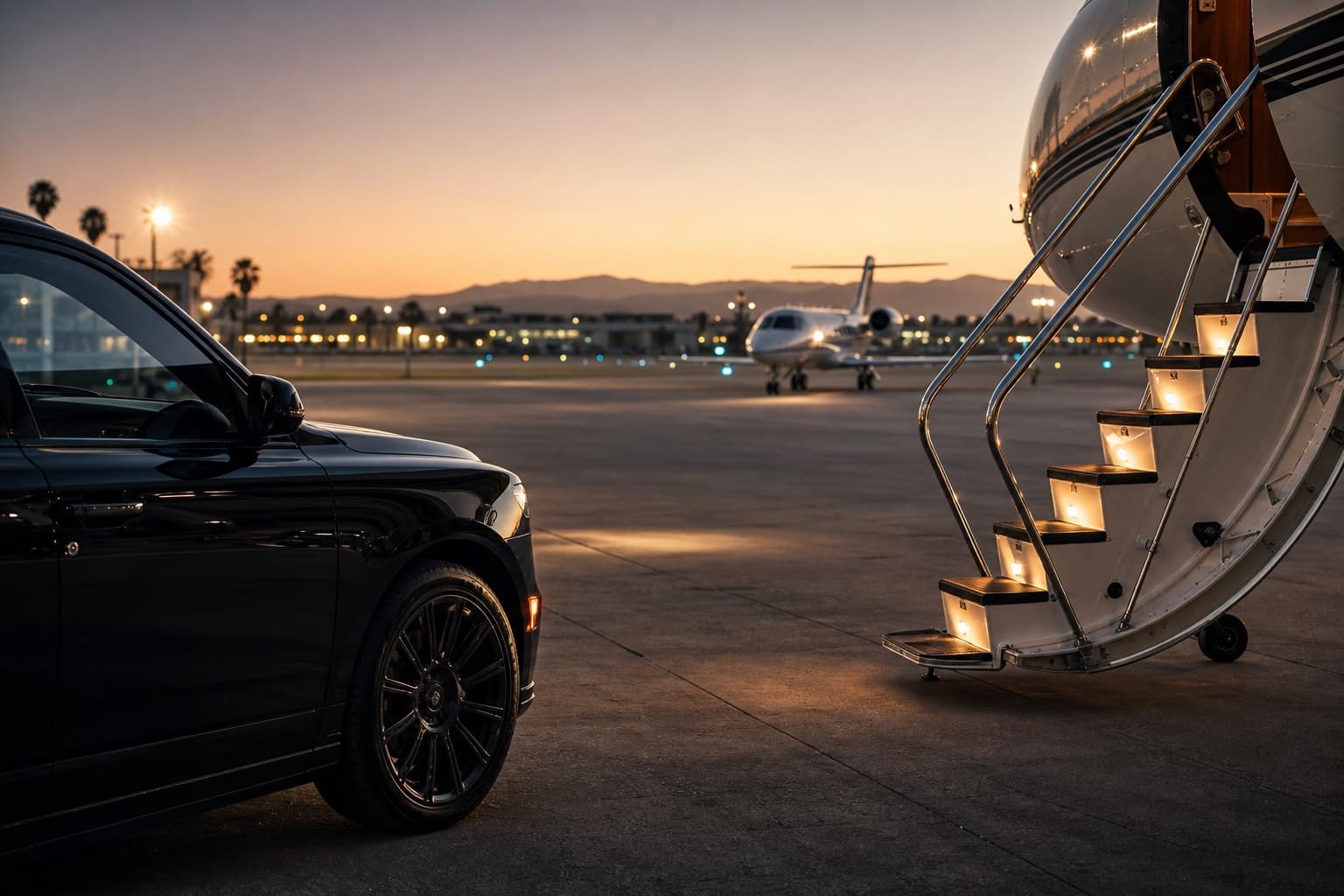 Luxury SUV staged beside a private aviation terminal at dusk