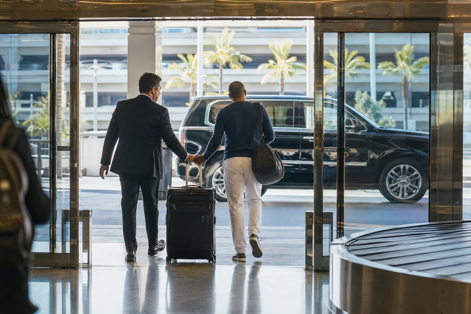 Chauffeur assisting a passenger with luggage at the airport exit