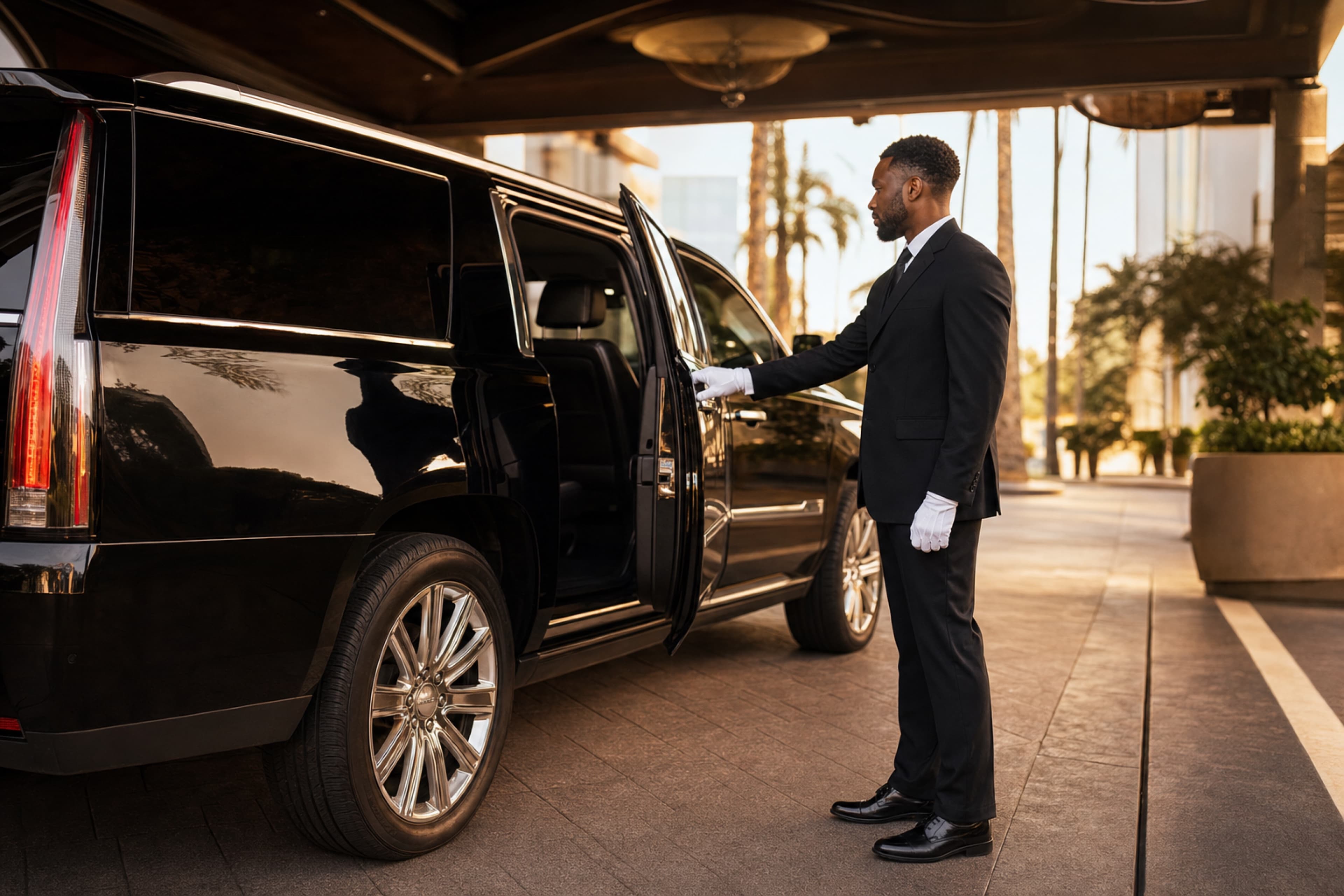 Professional chauffeur opening luxury SUV door at hotel