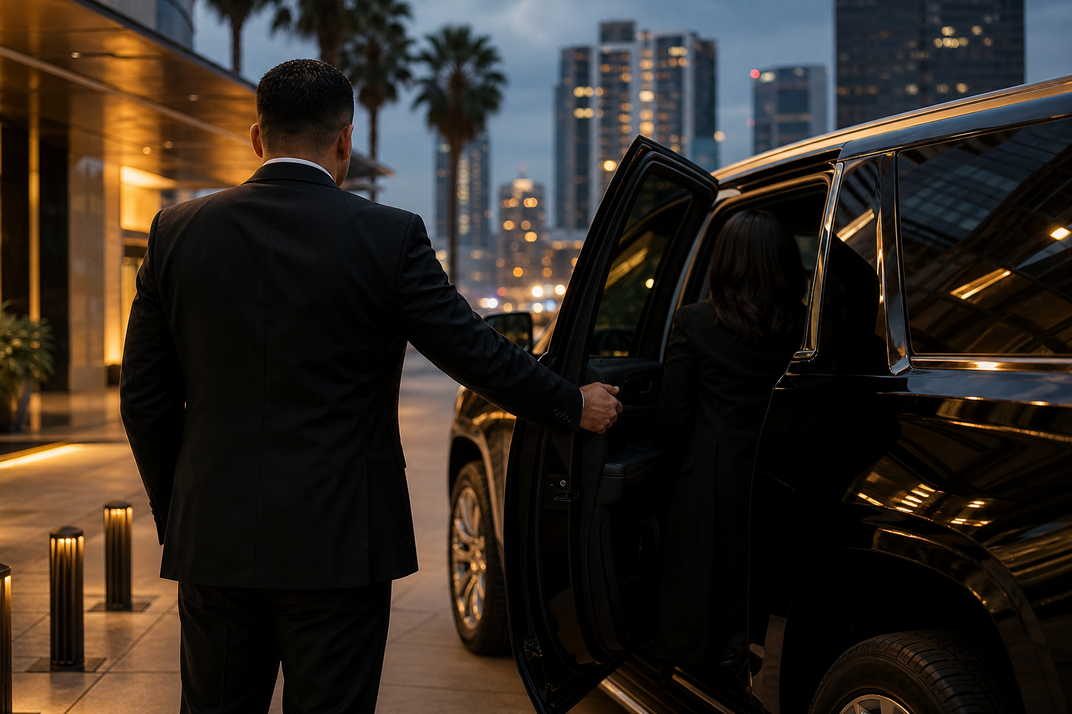 Professional chauffeur opening door to luxury SUV