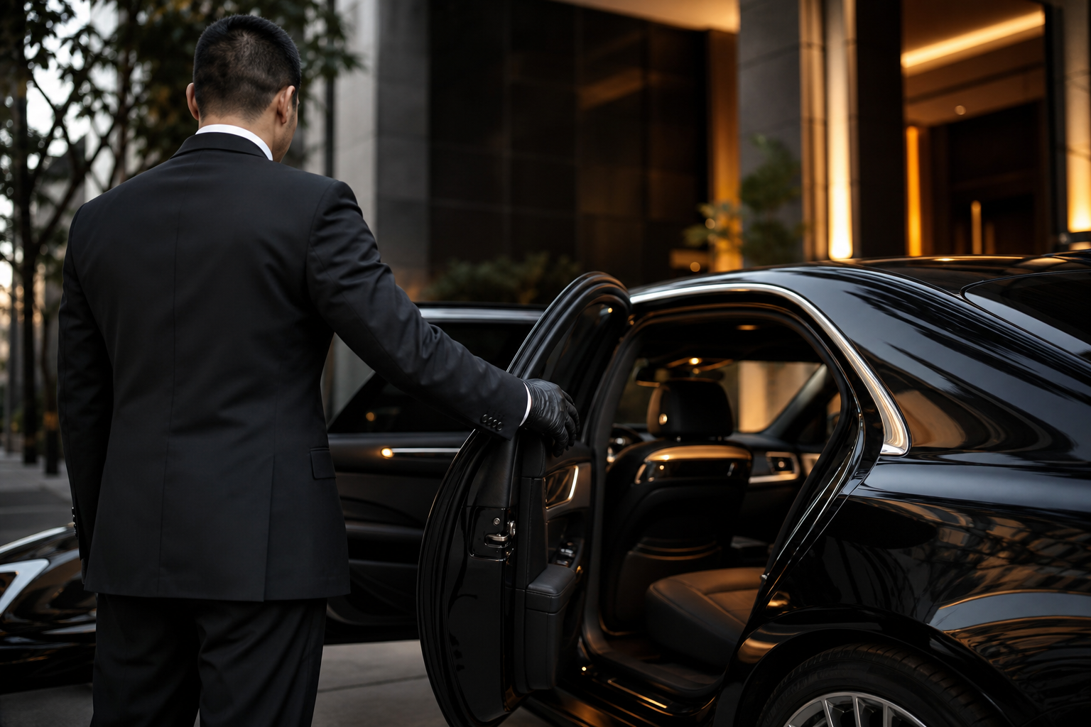 Executive chauffeur service opening car door