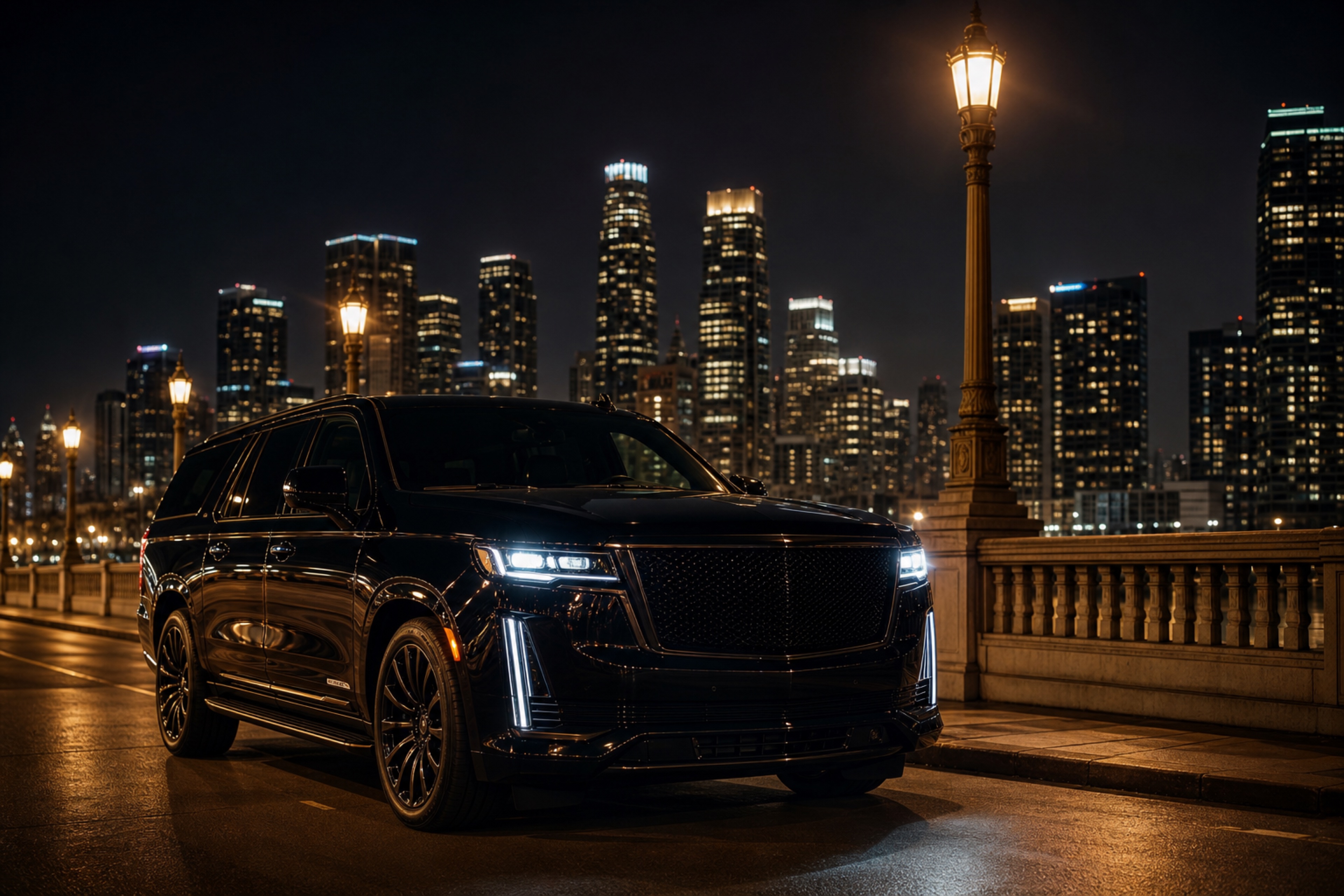 Luxury SUV ready for service at night in Los Angeles