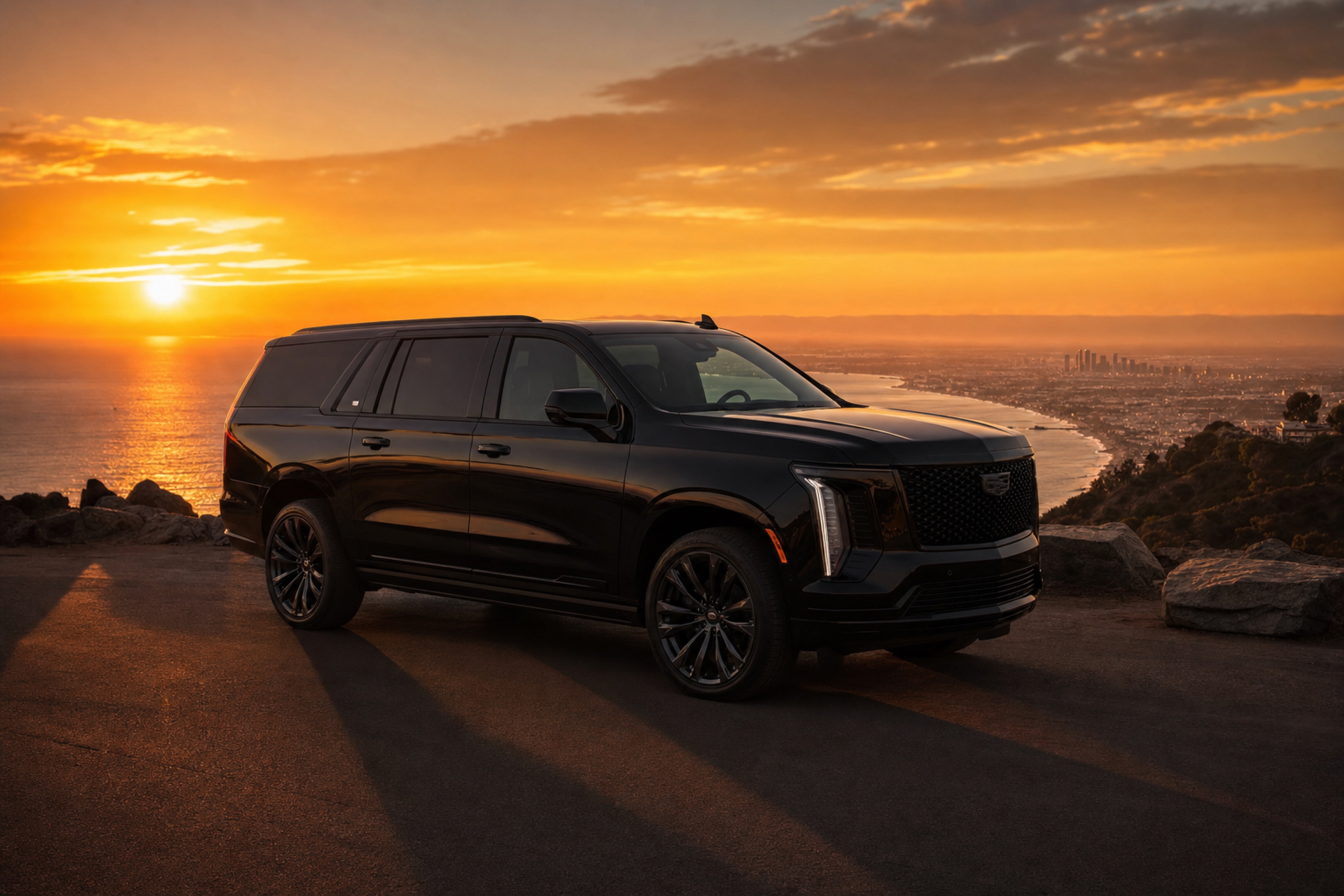Luxury SUV on Pacific Coast Highway overlooking Los Angeles